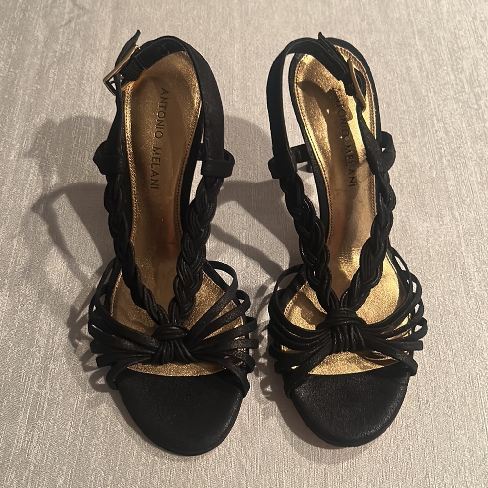 Antonio Melani ‘Majesty’ Black Leather Strappy High Heel Sandals Size 8
